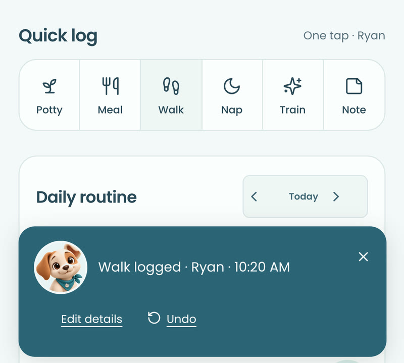 Logging a walk with one tap: Walk logged by Ryan at 10:20 AM, with Undo.