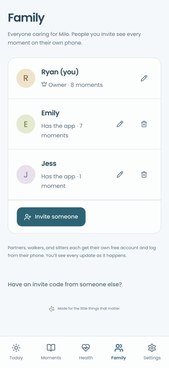 The Family screen: Ryan as owner, with Emily and Jess on the app.